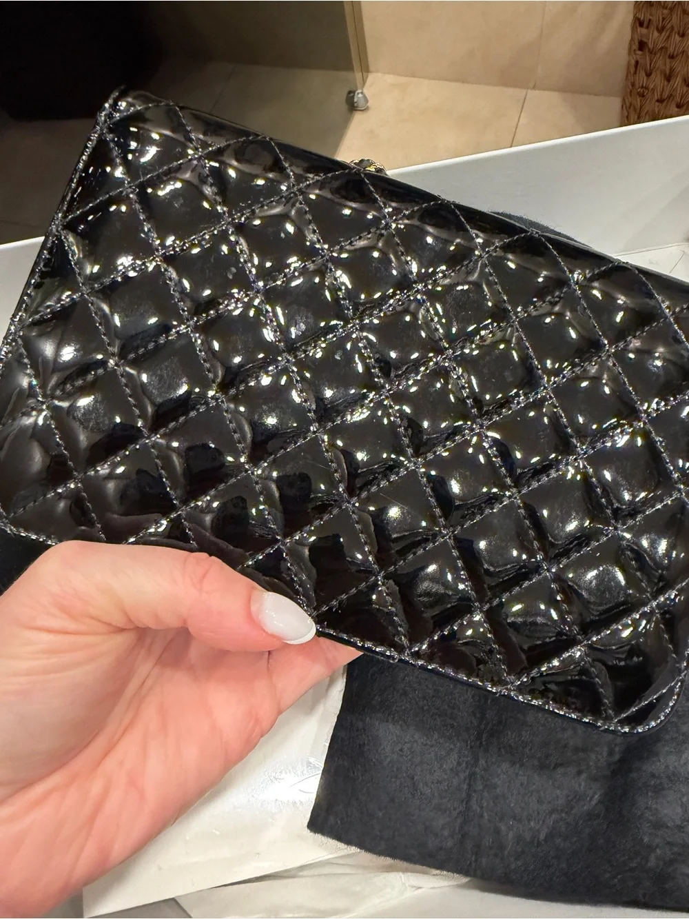 CHANEL Black Patent Crossbody Wallet On Chain Flap Bag with Gold Hardware